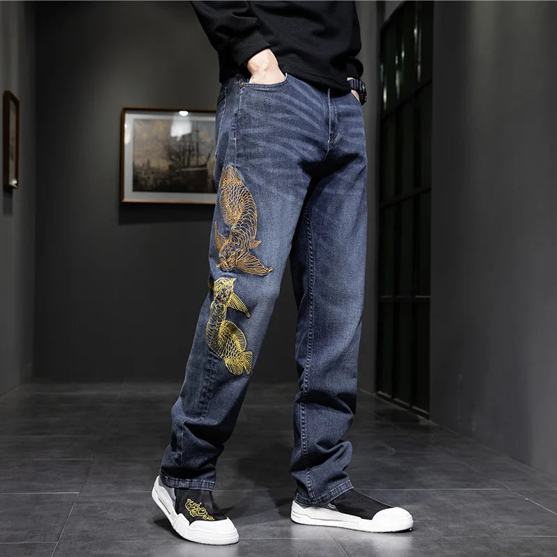 Elastic Embroidery Men's Baggy Loose Hot Rap Hip Hop Jeans Denim