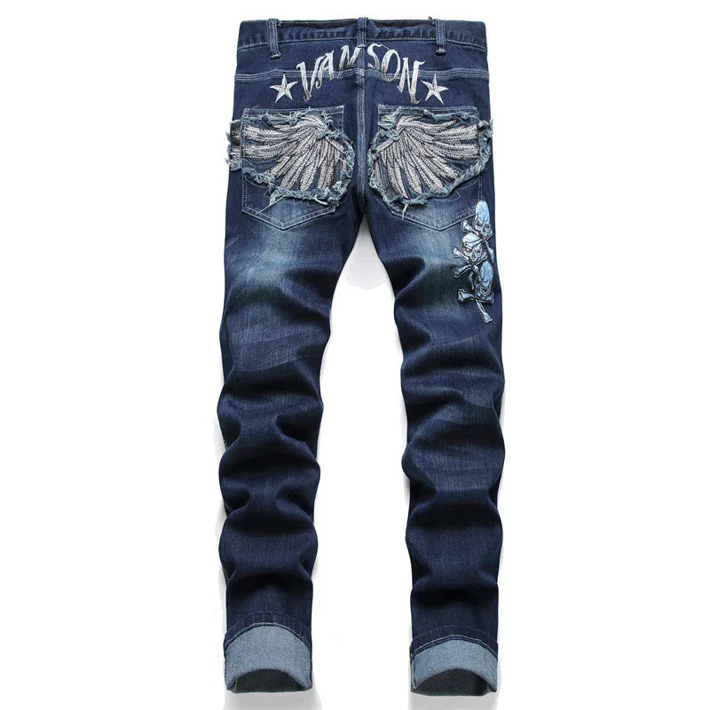 New Slim-Fit Fashion Embroidered Applique Men's Jeans Mid-Waist