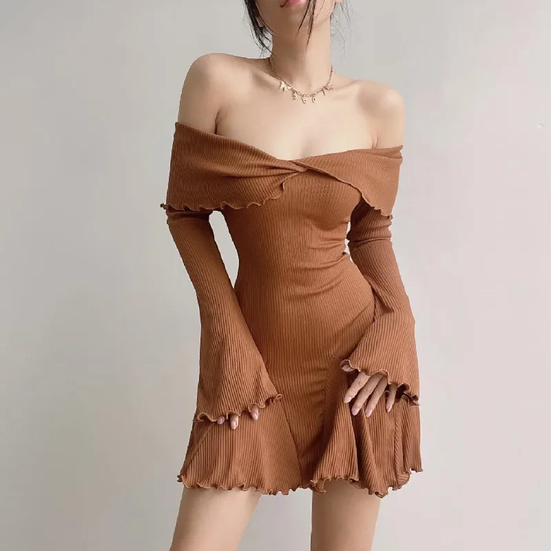 Autumn Black A-LINE Dress Women Streetwear Sexy Strapless Off Shoulder