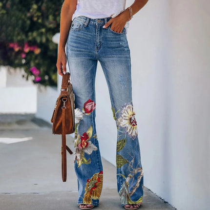 New Floral Printed Loose Flared Pants for Women Jeans Stretch Harajuku