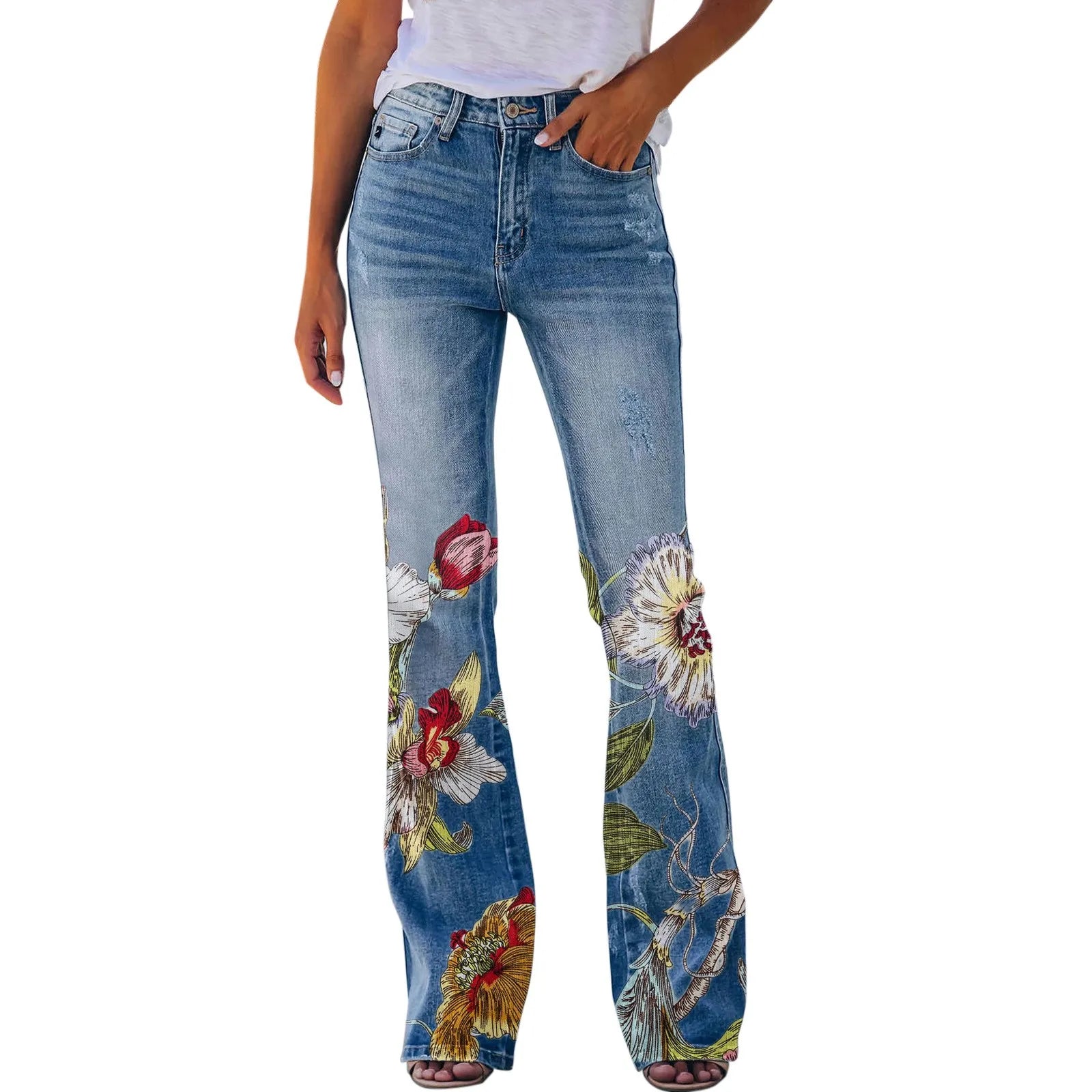 New Floral Printed Loose Flared Pants for Women Jeans Stretch Harajuku