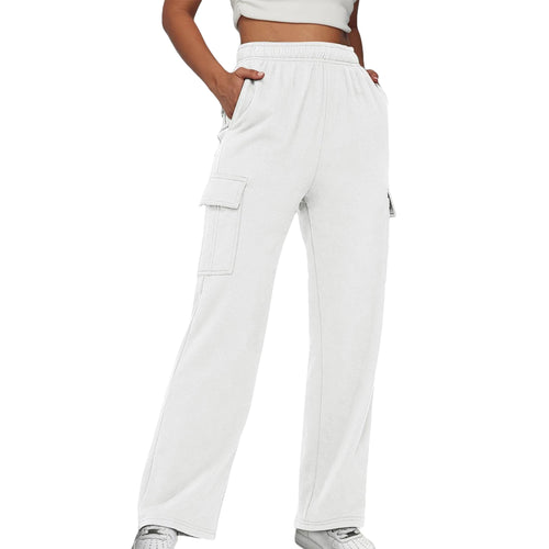 Elastic Waist Cargo Sweatpants Solid Color Women Straight Leg Pants