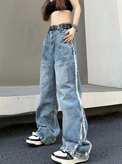 2023 Korean Y2K Multi Pockets Washed Blue Baggy Stacked Cargo Jeans
