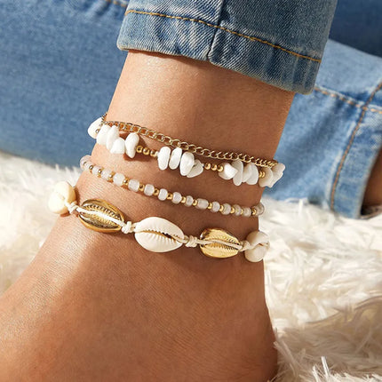 Summer Beach Crushed Stone Chain Anklet Set For Women Boho Shell Charm