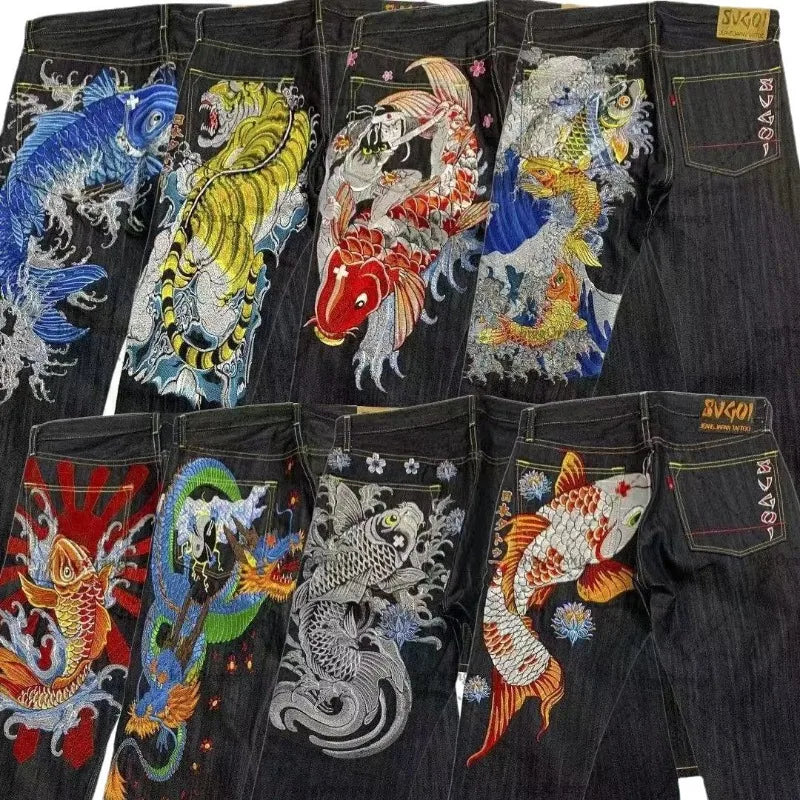 Japanese hip-hop Brocade carp printed jeans same style couple washed