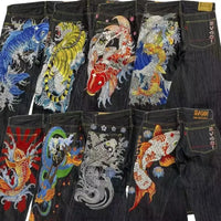 Thumbnail for Japanese hip-hop Brocade carp printed jeans same style couple washed