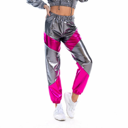 Women High Waist Metallic Shiny Jogger Streetwear Hip Hop Trousers