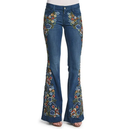 Size S-4XL Elastic Flower Embroidered Flare Jeans Womens Retro Style