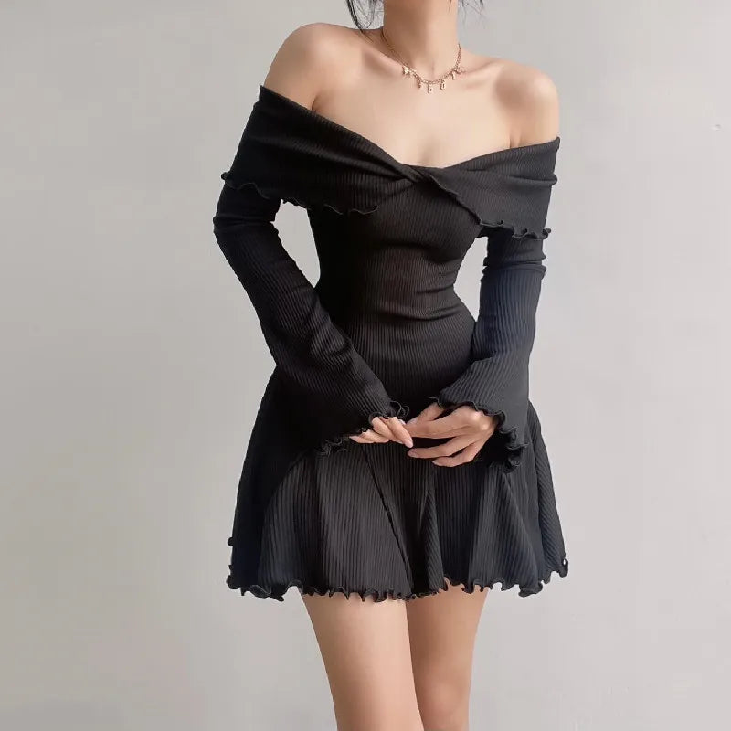 Autumn Black A-LINE Dress Women Streetwear Sexy Strapless Off Shoulder