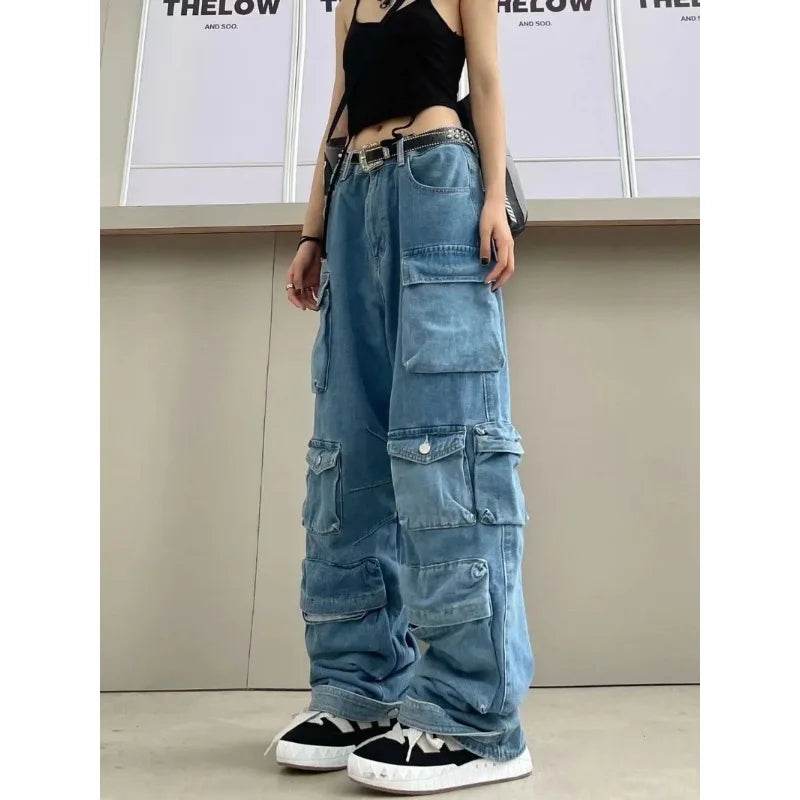 Multi-Pocket Blue Washed Jeans Cargo Pants Y2k Retro Streetwear