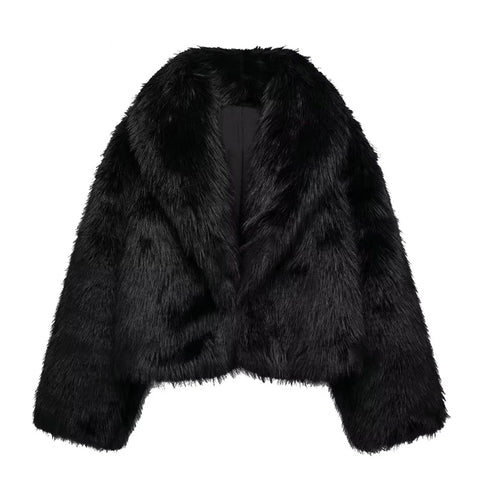 Winter Warm Fur Coat Women Elegant Turndown Collar Long Sleeve Short