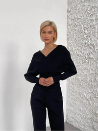 Thumbnail for Sexy Off Shoulder Knitted Two Piece Set Women Long Sleeve Sport