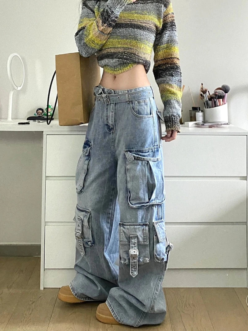 Autumn Winter New Ladies Cargo Jeans American Street Style Baggy Cargo