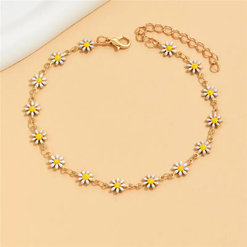 Daisy Flowers Anklets For Women Summer Beach White Flowers Beads