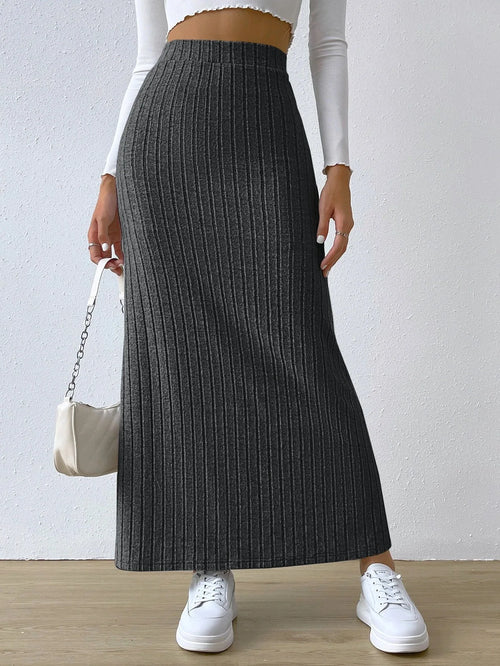 Spring Autumn Casual Women High Waist Skirt Sexy Knitted Side Slit