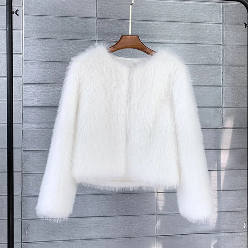 Winter Warm Fur Coat Women Elegant Turndown Collar Long Sleeve Short