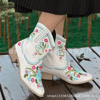 Thumbnail for Flower Embriodery Cow Boy Boots for Women Ankle Shoes Thick Heel Short