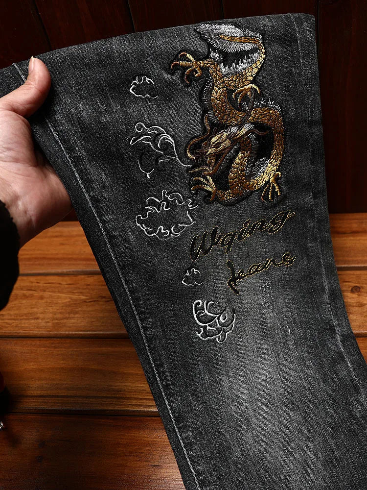 Chinese Dragon Embroidered Printed Jeans Men's Slim Fit Skinny Stretch