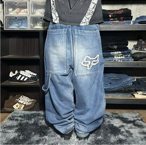 High Street Hip Hop Retro Blue Distressed Striped Denim Loose Pants