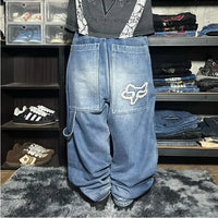 Thumbnail for High Street Hip Hop Retro Blue Distressed Striped Denim Loose Pants