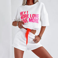 Thumbnail for Print Letter Two Piece Sets Women Round Neck Tops Short Sleeve Lace Up