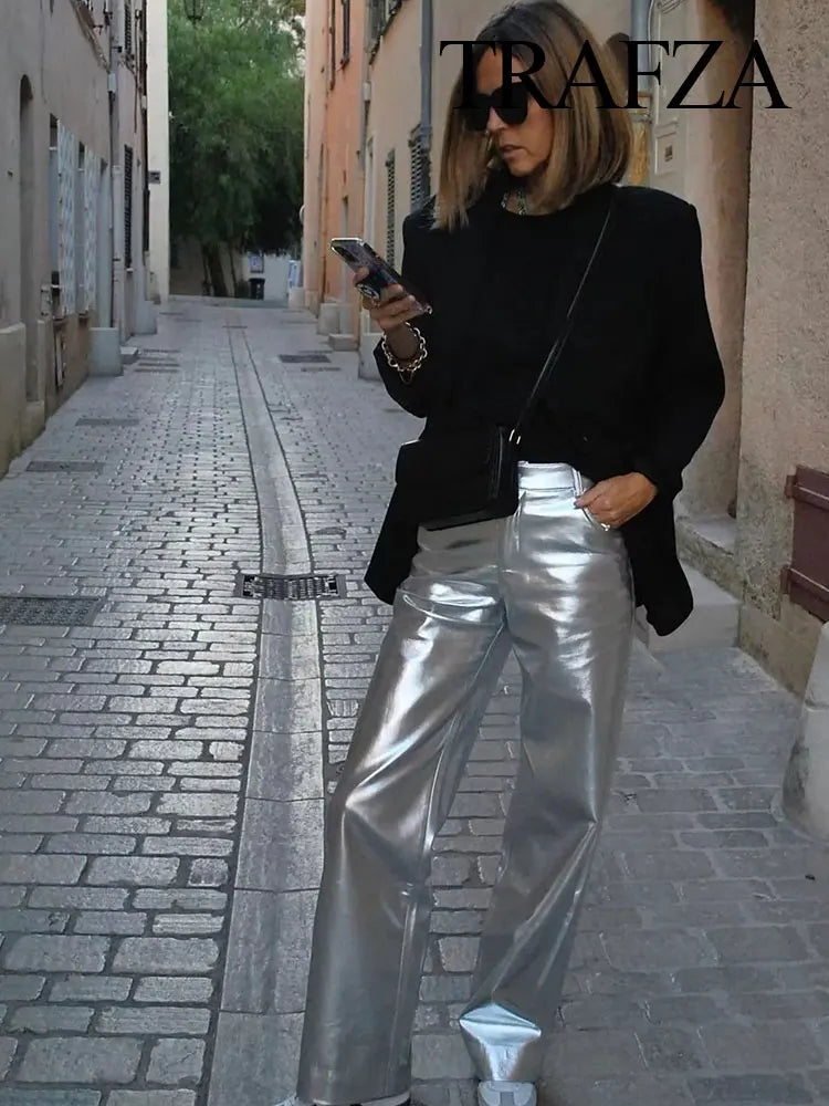 TRAFZA Trousers For Women Autumn Fashion Elegant Silver Elastic Waist