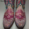 Western Mid Calf Bling Cystal Cowboy Boots Thick Heel Shoes For Women