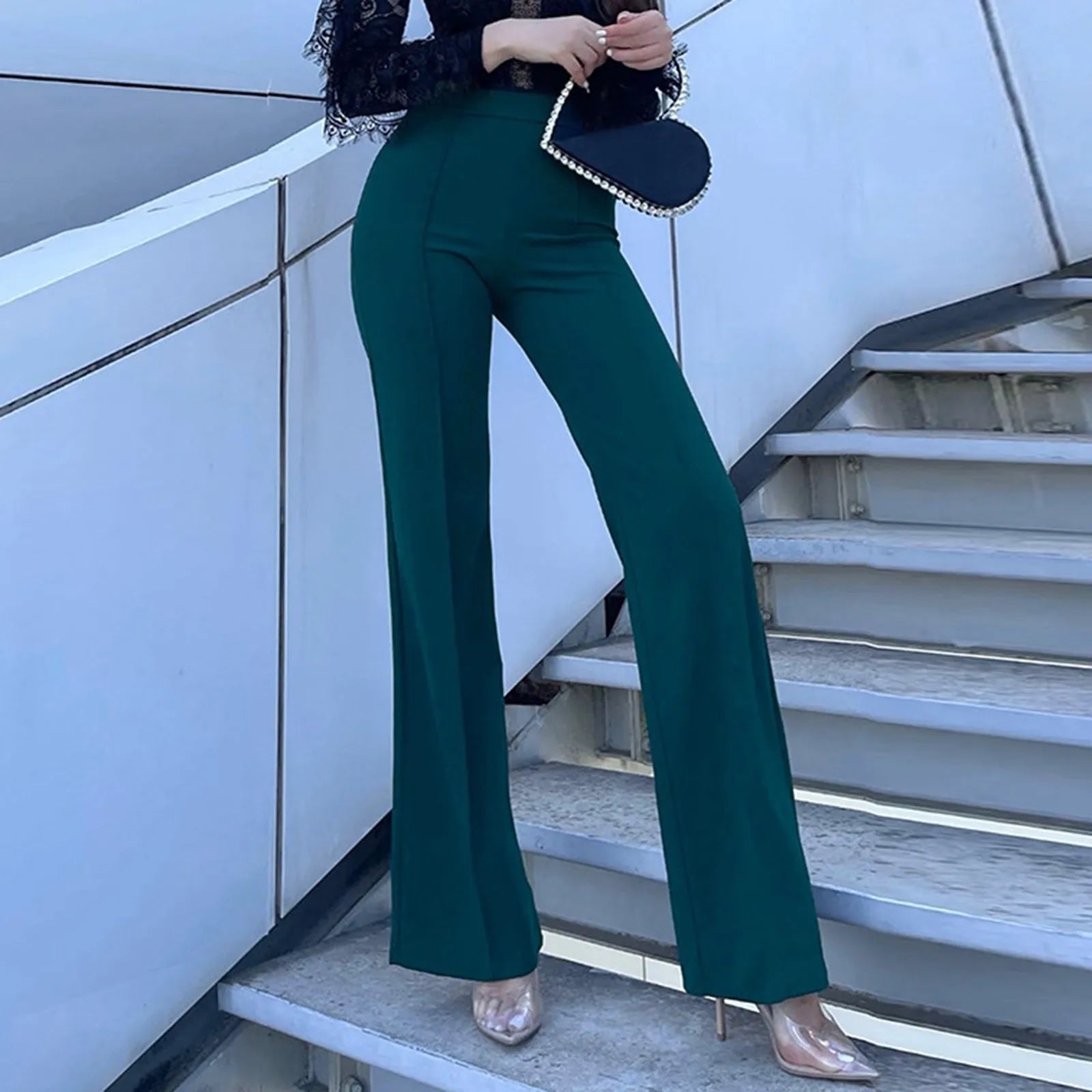 Women Trousers Fashion Casual Work Pants Solid Color Stretch High