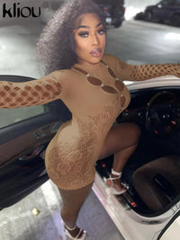 Thumbnail for Kliou Mesh Hollow Out Rompers Women Sexy See Through Full Sleeve