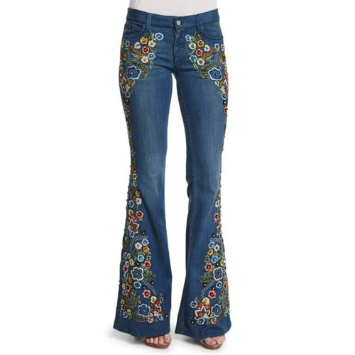 Blue Jeans Women Stretch Floral Embroidered Flared Jeans Fashion High