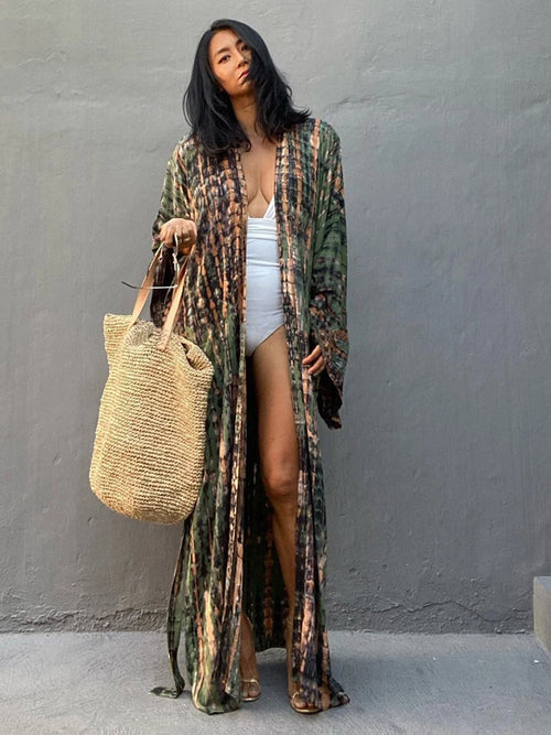 Fitshinling Tie Dye Cotton Beach Kimono Swimwear Bohemian Oversized