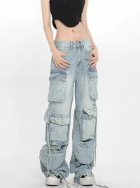 Thumbnail for Light Blue Cargo Pants Women High Waisted Jeans Full Length Ripped