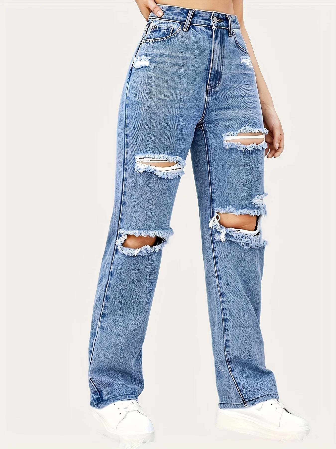 Blue Ripped Baggy Straight Jeans, Slash Pockets Distressed High Waist