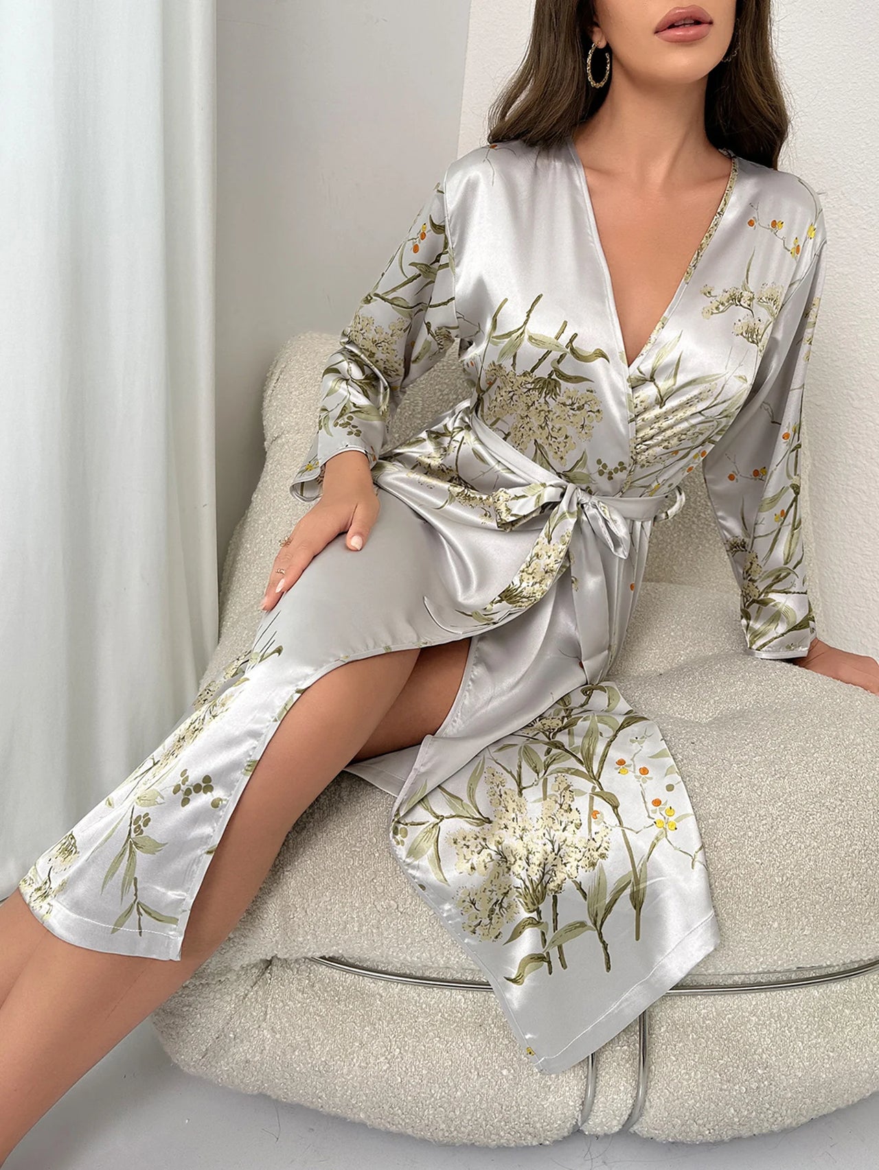 Floral Print Night Robe  Elegant Long Sleeve V Neck Robe With Belt