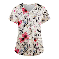 Thumbnail for Floral Print Scrubs Tops Pet Grooming Uniforms Short Sleeve V Neck