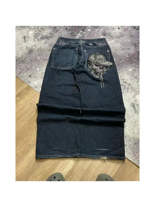 2024 High Street Embroidered New Skull Jeans Y2K Washed Gothic High