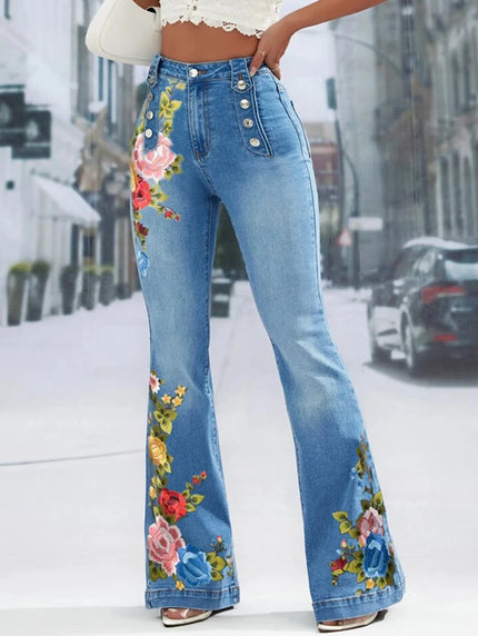 Plus Size Women Jeans Plain Button Decor Flare Leg Long Denim Pants