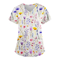 Thumbnail for Floral Print Scrubs Tops Pet Grooming Uniforms Short Sleeve V Neck