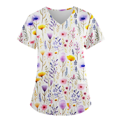 Floral Print Scrubs Tops Pet Grooming Uniforms Short Sleeve V Neck