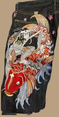 Thumbnail for Japanese hip-hop Brocade carp printed jeans same style couple washed