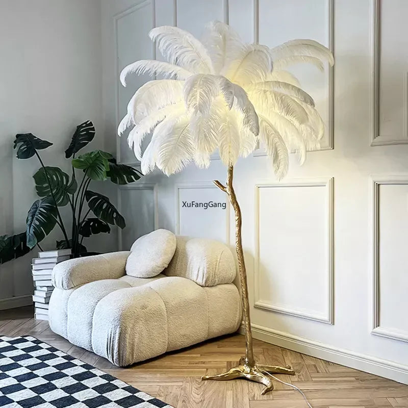 Nordic Ostrich Feather Led Floor Lamp Resin Copper Living Room Home