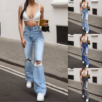 Thumbnail for Y2k Hole Ripped Jeans Womens Korean Blue Flare Denim Trouser Vantage