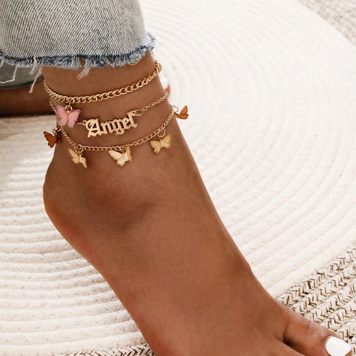 Summer Beach Crushed Stone Chain Anklet Set For Women Boho Shell Charm