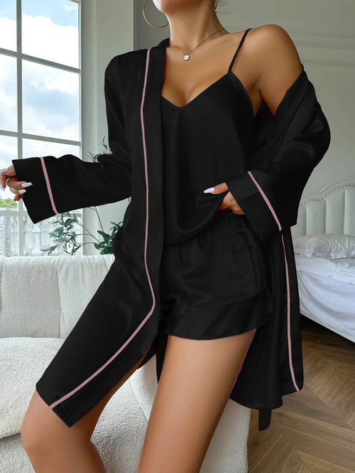 Simple Satin Pajama Set Long Sleeve Belted Robe  V Neck Cami Top And