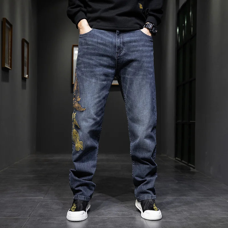 Elastic Embroidery Men's Baggy Loose Hot Rap Hip Hop Jeans Denim