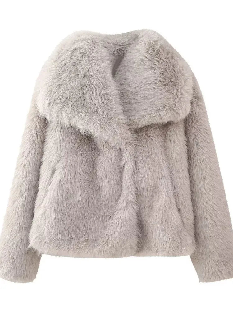 Winter Warm Fur Coat Women Elegant Turndown Collar Long Sleeve Short