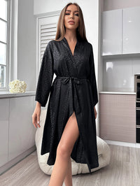 Thumbnail for Leopard Print Night Robe Long Sleeve V Neck Robe With Belt  Women's