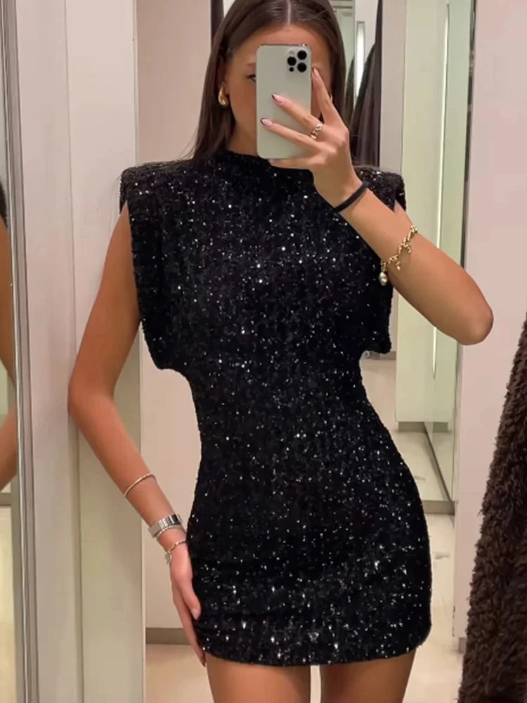 Silm Shoulder Pads Sequin Mini Dress For Woman Elegant Round Neck