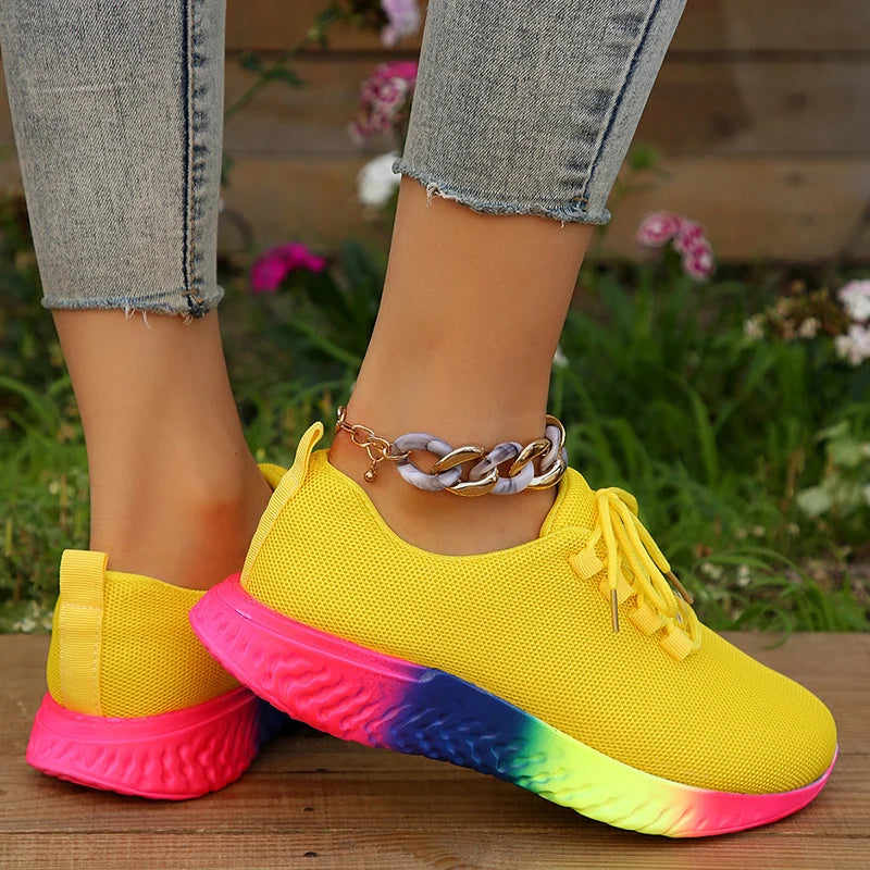 Fashion Rainbow Sole Knit Sneakers Women Mesh Breathable Platform