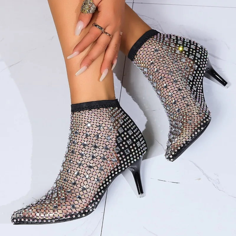 Women Hollow Out Full Sandals Rhinestone Mesh Summer Ankle Boots